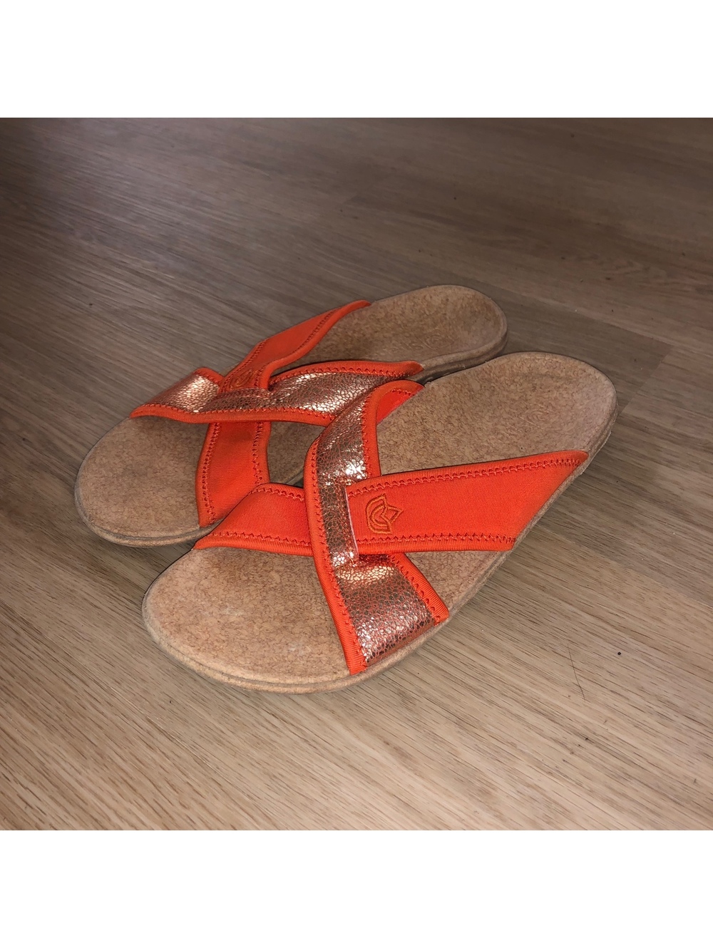 SPENCO LINGO CORK COMFORT SANDAL FLIP FLOPS ORANGE ORTHOTIC STRAP GOLD WOMENS 9